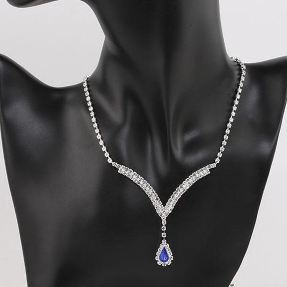 Royal Blue Teardrop Crystal Earrings And V Shape Pendant Bridal-Bridesmaid Set - Picture 7 of 9